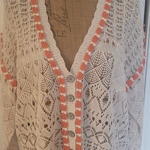 POL Crochet Open-Knit Cardi w/Rope Trim, NWOT/Never Worn, S(Overszd), Ivory/Orng